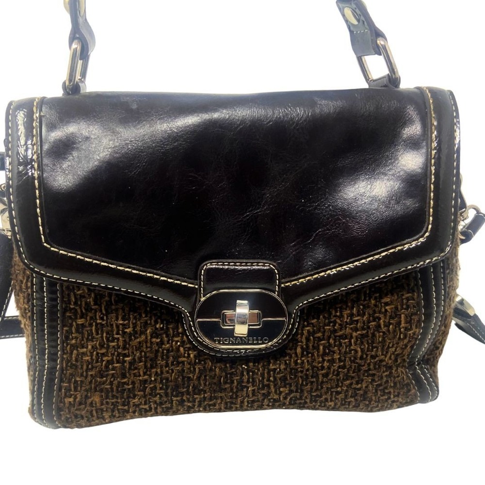 Tignanello Brown Tweed‎ Leather Trim Satchel Shoulder Crossbody Bag